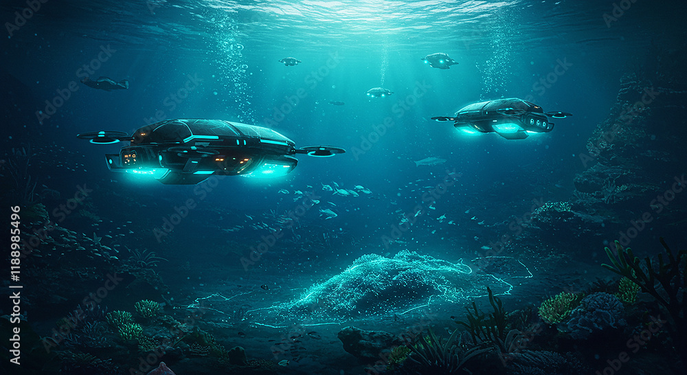 Futuristic Underwater Drones Exploring Ocean Floor Futuristic Underwater Drones Exploring Ocean Floor