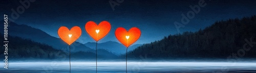 Three Glowing Red Hearts on Sticks at Dusk by a Calm Lake Surrounded by Mountains