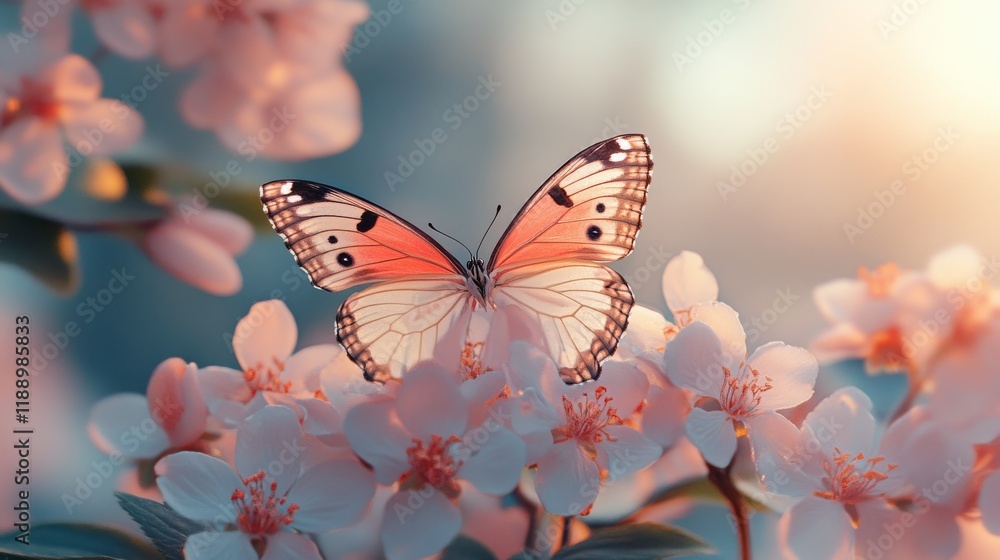 Obraz premium Delicate butterfly with apricot and white wings perched on soft white blossoms