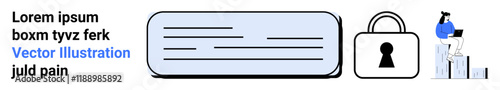 Person using laptop, near a large lock icon and text placeholder. Ideal for security, analysis, data protection, cybersecurity, privacy, office productivity data entry themes. Landing page