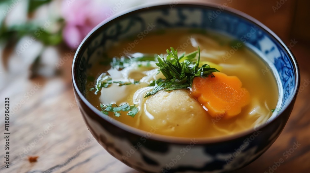 Miso Matzo Ball Soup Traditional asian soup with dumplings and carrot in blue ceramic bowl Miso Matzo Ball Soup Traditional asian soup with dumplings and carrot in blue ceramic bowl