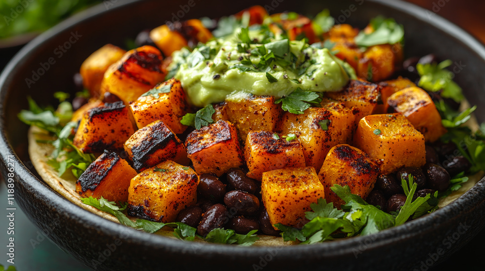 A bowl of food with a green sauce on top. The food is a mix of vegetables and beans A bowl of food with a green sauce on top. The food is a mix of vegetables and beans