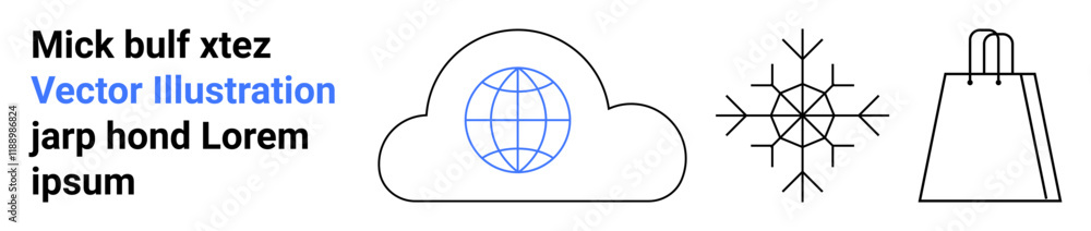 Cloud with globe, snowflake, and shopping bag icons on white background. Ideal for technology, global communication, weather, e-commerce, environmental shopping minimalism. Landing page Cloud with globe, snowflake, and shopping bag icons on white background. Ideal for technology, global communication, weather, e-commerce, environmental shopping minimalism. Landing page