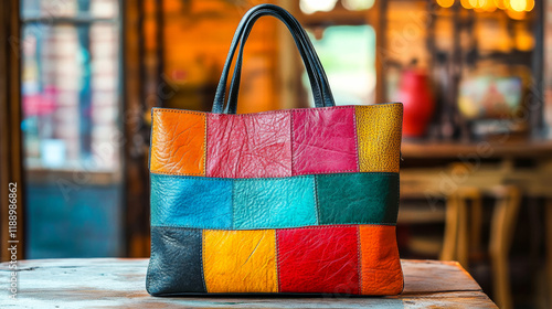 Wallpaper Mural A colorful purse with a black strap sits on a table. The purse is made of leather and has a patchwork design. The colors of the purse are red, yellow, and blue Torontodigital.ca