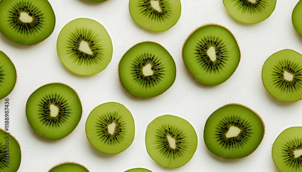 Vibrant green kiwi slices arranged harmoniously on a bright white backdrop inviting freshness and vitality Vibrant green kiwi slices arranged harmoniously on a bright white backdrop inviting freshness and vitality