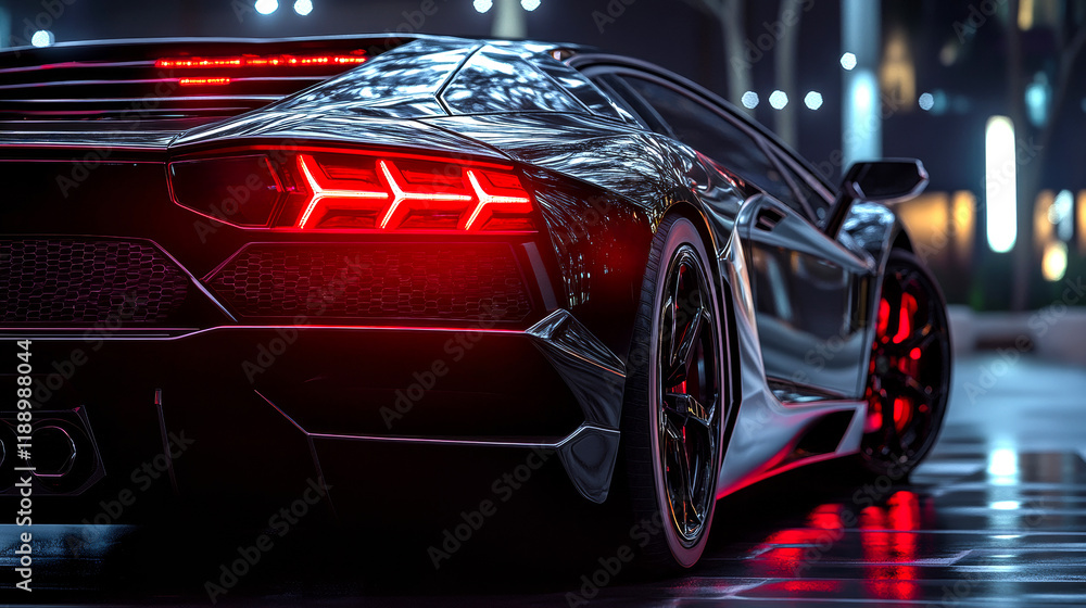 Naklejka premium A black car with red lights on the back. The car is parked in a city at night