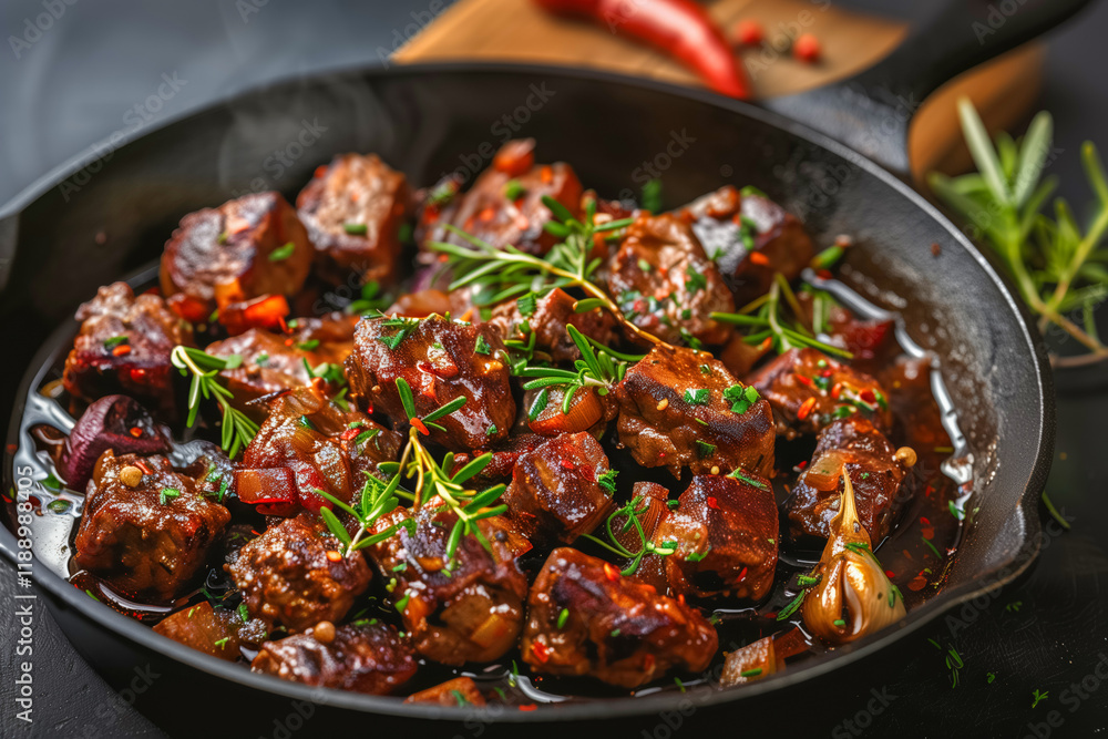Savory beef stew with fresh rosemary and vegetables in cast iron skillet Savory beef stew with fresh rosemary and vegetables in cast iron skillet