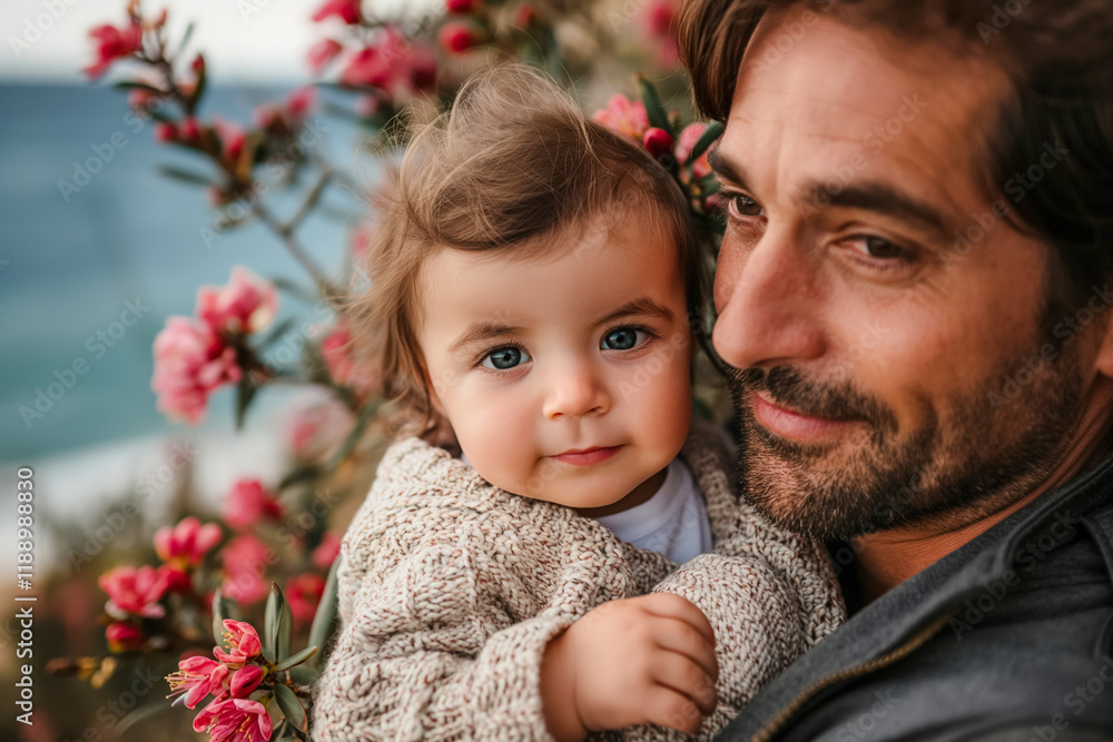 Father and baby bonding in floral setting with blossoms Father and baby bonding in floral setting with blossoms