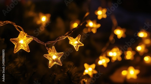 Golden fairy light bokeh softly glowing in a dark background, creating a cozy and magical vibe. photo