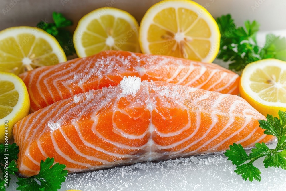 Frozen Salmon Steak with Ice Crystals and Lemon Slices Frozen Salmon Steak with Ice Crystals and Lemon Slices