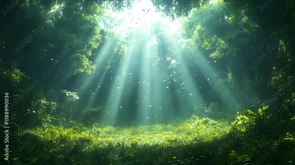 Fototapeta premium Sunbeams filtering through lush green forest canopy, creating a magical and serene atmosphere