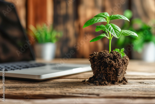 Small plant growing beside laptop on wooden desk in cozy workspace