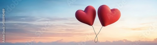 Two Vibrant Heart-Shaped Balloons Against a Serene Sky at Sunset