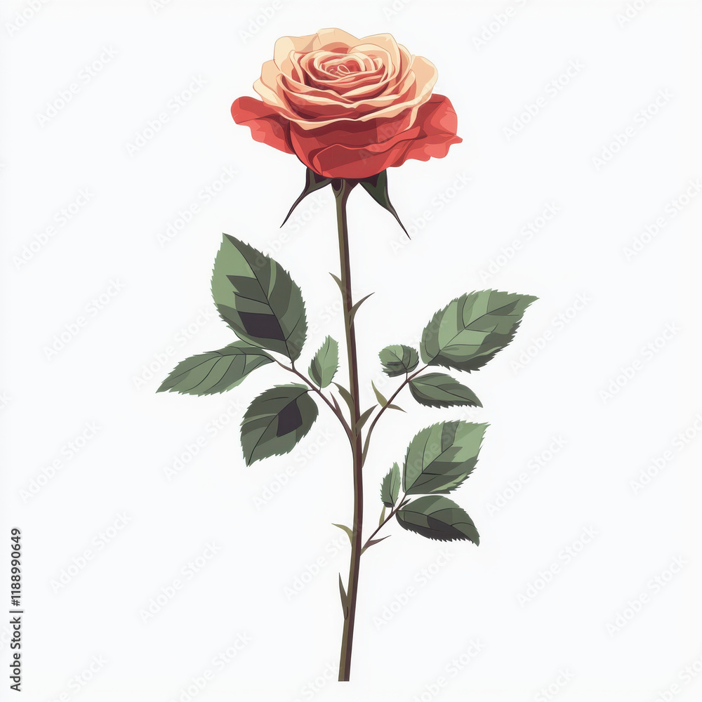 Obraz premium single red rose with green leaves, symbolizing love and romance, on white background