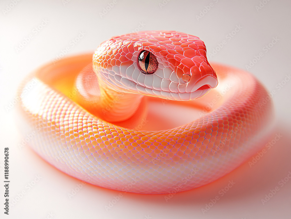 Fototapeta premium chinese new yer theme, a close-up of a pink snake with a glossy scales, coiled on a white surface.