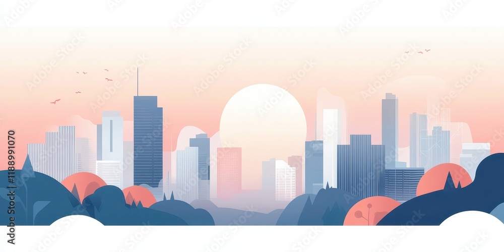 Serene Cityscape at Sunrise Over Hills and Trees Serene Cityscape at Sunrise Over Hills and Trees