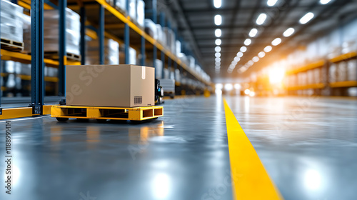 Warehouse operations automated pallet jack moving packages industrial facility photography efficient logistics environment