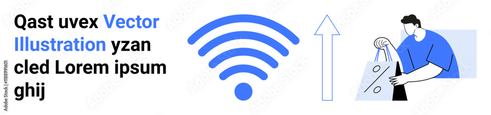 wireless signal icon, upward arrow, person handling shopping bags. Ideal for e-commerce, online shopping, internet connectivity, technology advancement, digital retail, mobile payments remote work wireless signal icon, upward arrow, person handling shopping bags. Ideal for e-commerce, online shopping, internet connectivity, technology advancement, digital retail, mobile payments remote work