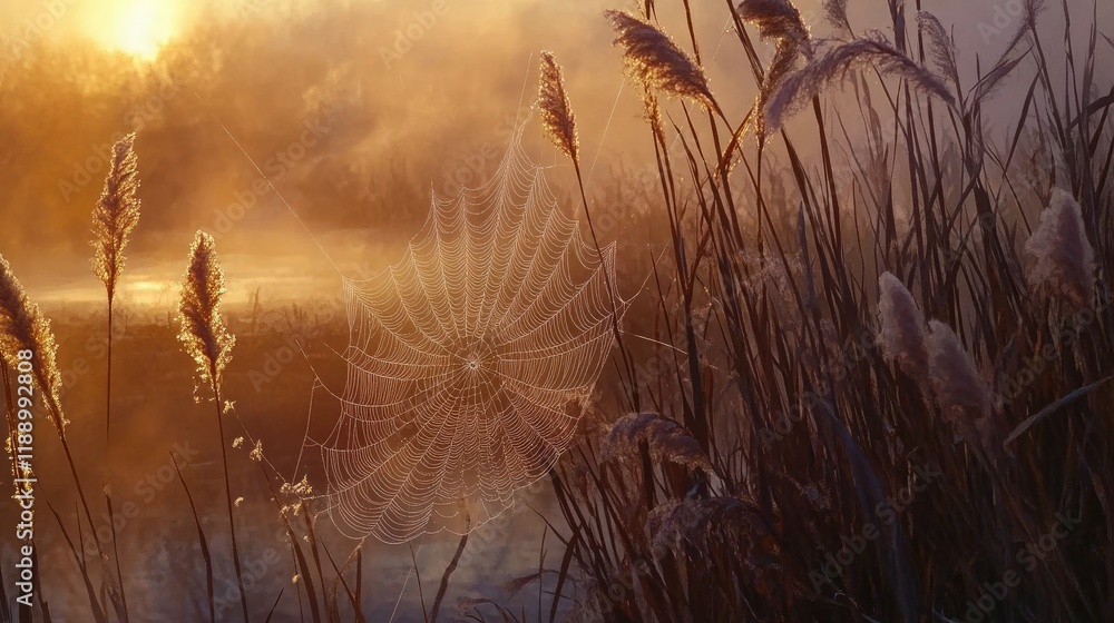 Obraz premium Intricate spider web suspended between reeds by a river, bathed in the soft light of dawn.