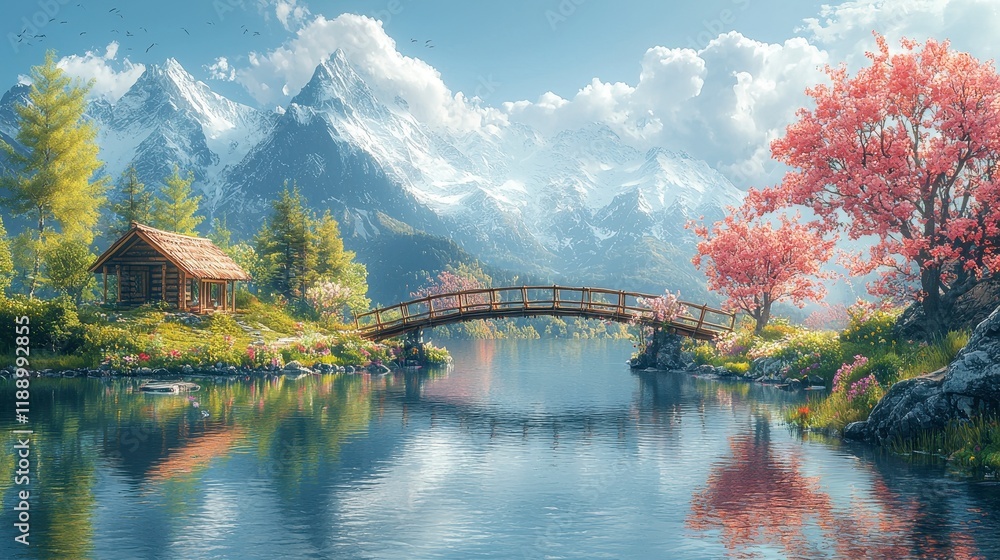 Serene mountain lake scene with wooden bridge, cabin, and blossoming trees. Serene mountain lake scene with wooden bridge, cabin, and blossoming trees.