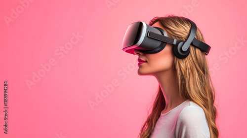 A woman wearing a virtual reality headset is looking at a pink background. Concept of excitement and adventure, as the woman is about to embark on a virtual journey