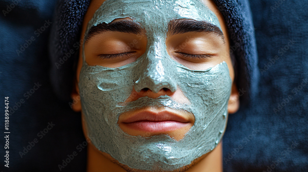 Fototapeta premium A man with a blue face mask on. He is wearing a blue hat. The man is relaxed and calm