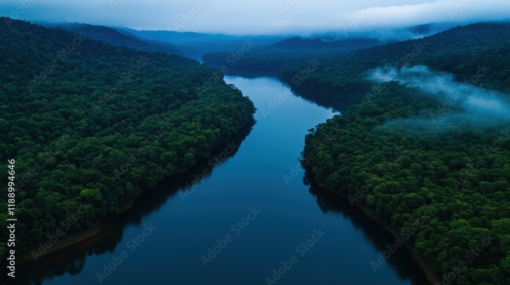 Obraz premium Serene River Winding Through Lush Rainforest at Dusk