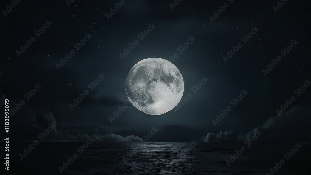 Naklejka premium Romantic Moon In Starry Night Over Clouds