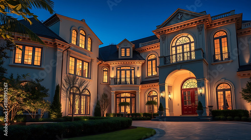 Majestic Mansion at Night: A Captivating Display of Architectural Grandeur.  Luxury Real Estate Photography showcasing elegant design and classic style. photo