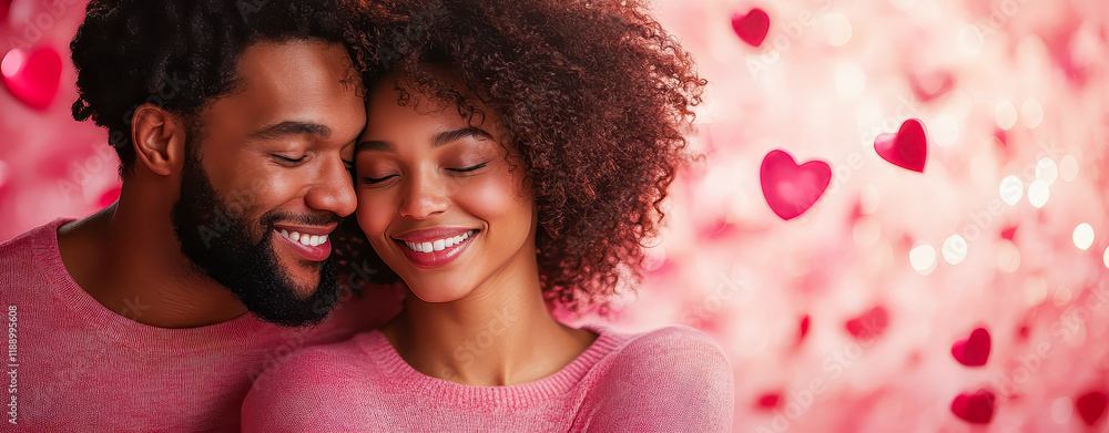 Couple joyfully embracing in a romantic setting adorned with heart decorations, capturing a moment of love and connection Couple joyfully embracing in a romantic setting adorned with heart decorations, capturing a moment of love and connection