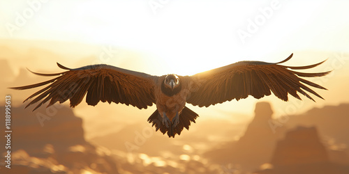 soaring condor with outstretched wings glides over canyon at sunset