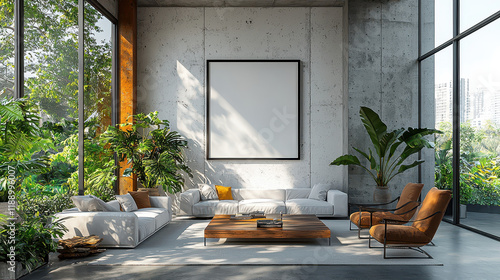 Modern Living Room with Blank Canvas:  A sleek and contemporary living room design features a large blank canvas hanging on a concrete wall, surrounded by lush greenery.