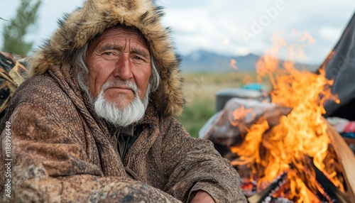 A wise elder, deeply weathered and serene, sits beside a roaring campfire, his eyes reflecting centuries of ancestral traditions and profound wisdom a testament to the enduring spirit of indigenous photo