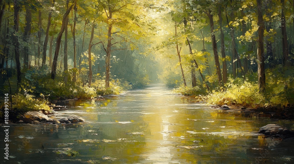 Obraz premium Serene sunlit forest stream, tranquil nature scene.