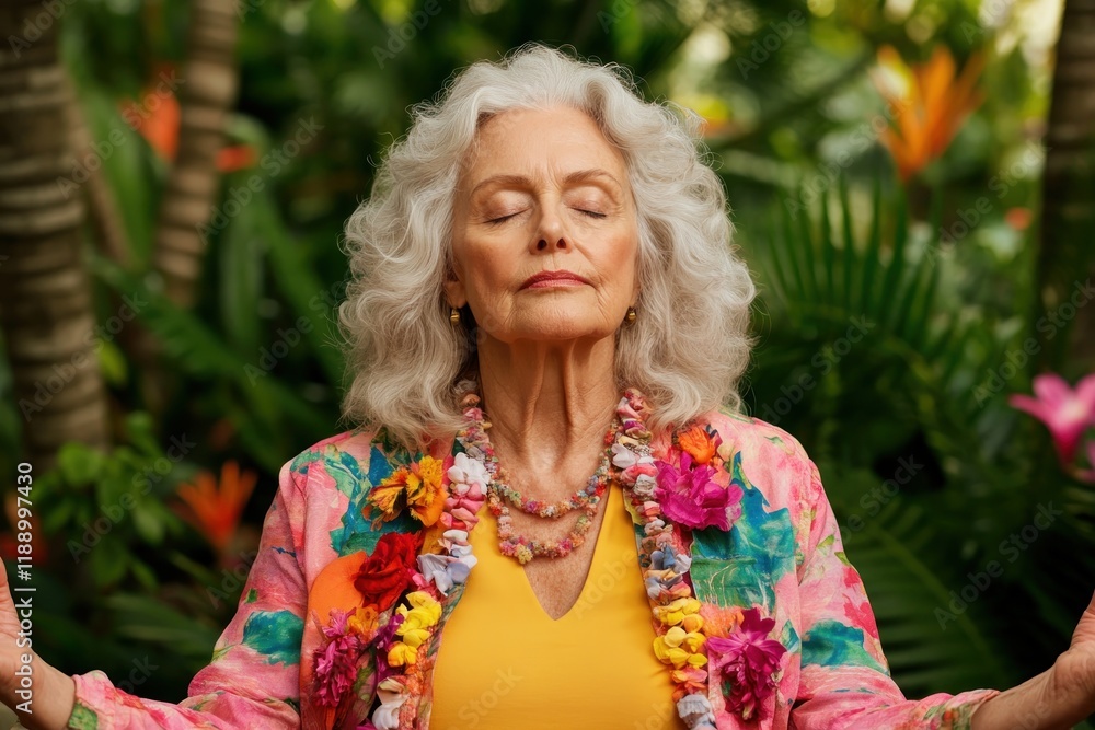 Naklejka premium Discover serenity A peaceful elderly woman finds contentment through meditation in a vibrant, tranquil garden Experience the ultimate peace and relaxation This image captures the essence of mindful