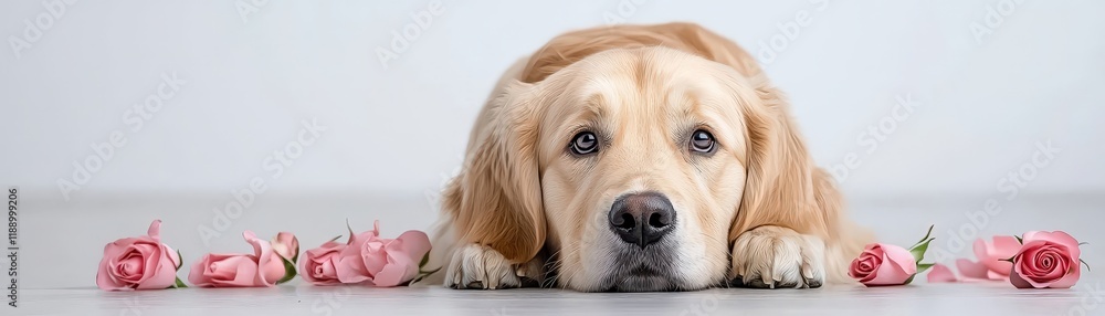 Golden Retriever Dog Surrounded by Pink Roses with Melancholic Expression in Soft Light Golden Retriever Dog Surrounded by Pink Roses with Melancholic Expression in Soft Light