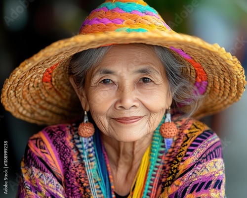 Portrait of an Elderly Woman Embracing Cultural Traditions A Vibrant Tapestry of Heritage and Wisdom, Reflecting a Lifetime Steeped in Rich Customs and Practices, Showcasing the Beauty and Resilience photo