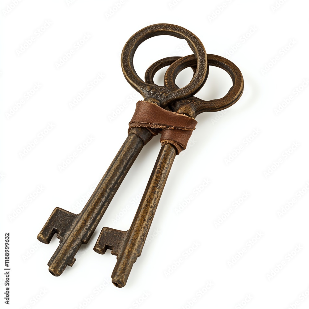 Old keys adorned with leather strap, isolated on a white background. Old keys adorned with leather strap, isolated on a white background.