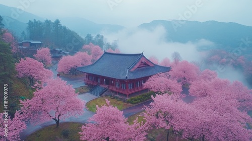 Majestic Japanese temple nestled among blooming cherry blossoms in a misty mountainous landscape
