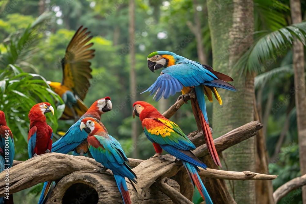 Fototapeta premium Vibrant Macaws in Lush Tropical Rainforest Habitat