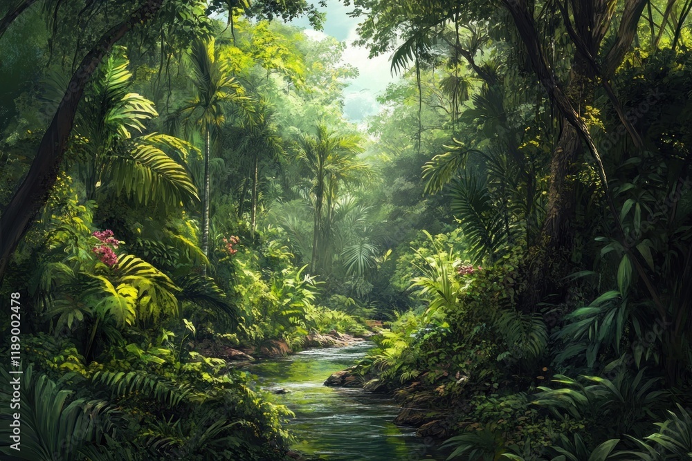 Lush Tropical Rainforest River Scene With Abundant Greenery Lush Tropical Rainforest River Scene With Abundant Greenery