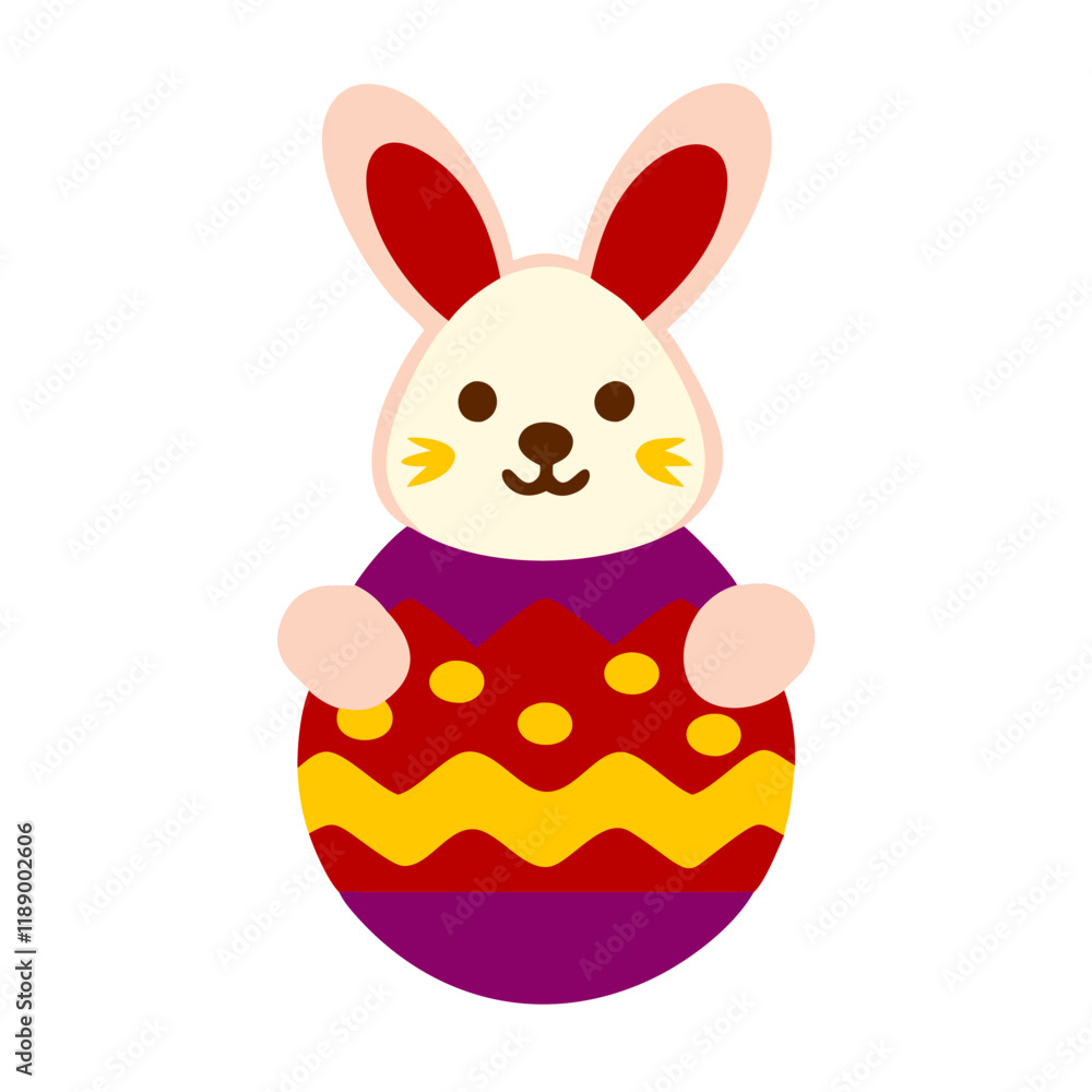 Obraz premium Red Bunny Holding a Striped Egg Vector illustration of Easter cartoon