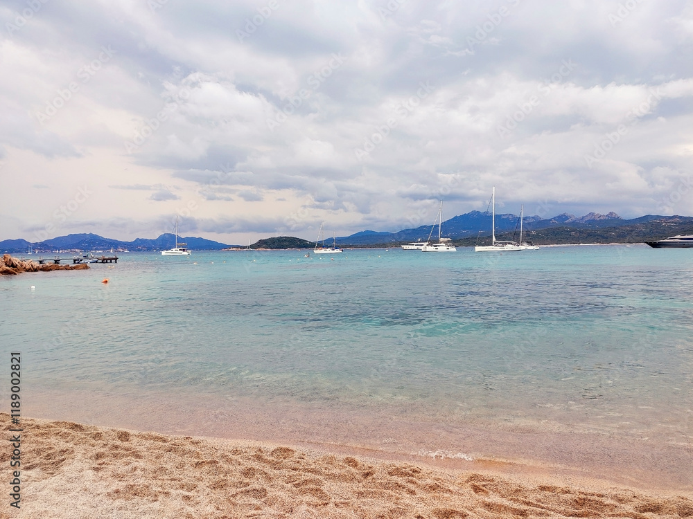 Beach of Elefante so called for a big rock along the shore looking like a baby elephant. Capriccioli, Arzachena, Sardinia Island (Sardegna), Italy.
