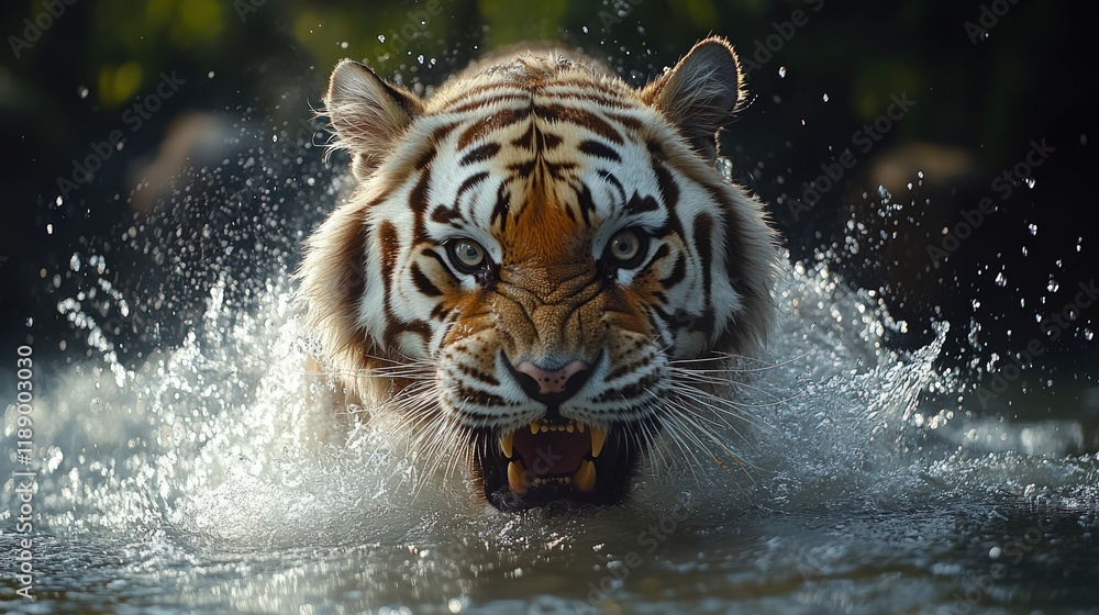 Majestic tiger emerging from water, showing teeth, splashing. Majestic tiger emerging from water, showing teeth, splashing.