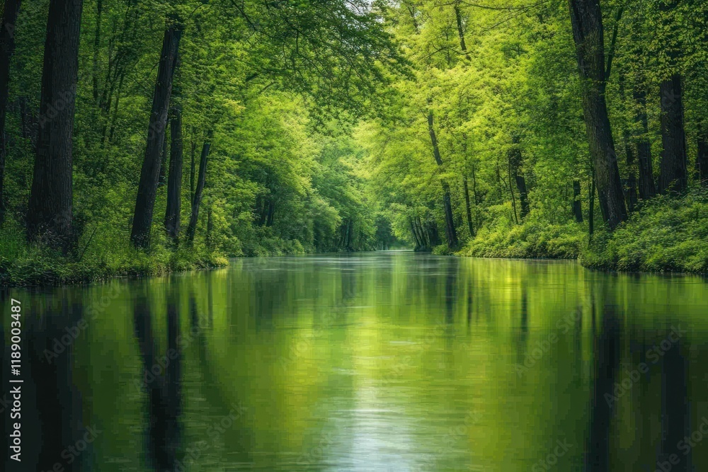 Serene Green Canal Through Lush Forest Trees Serene Green Canal Through Lush Forest Trees