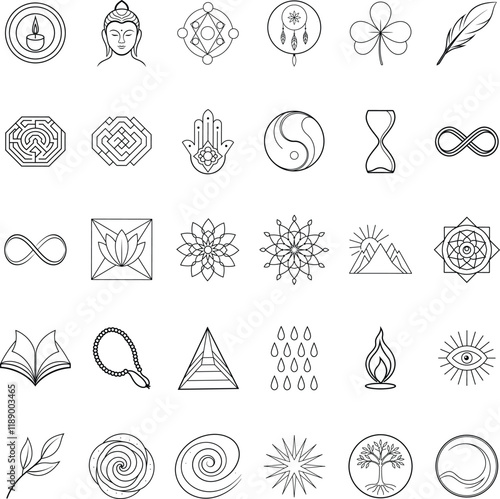 Spiritual Symbols Line Art, Mandala, Yoga, Zen, Enlightenment Icons