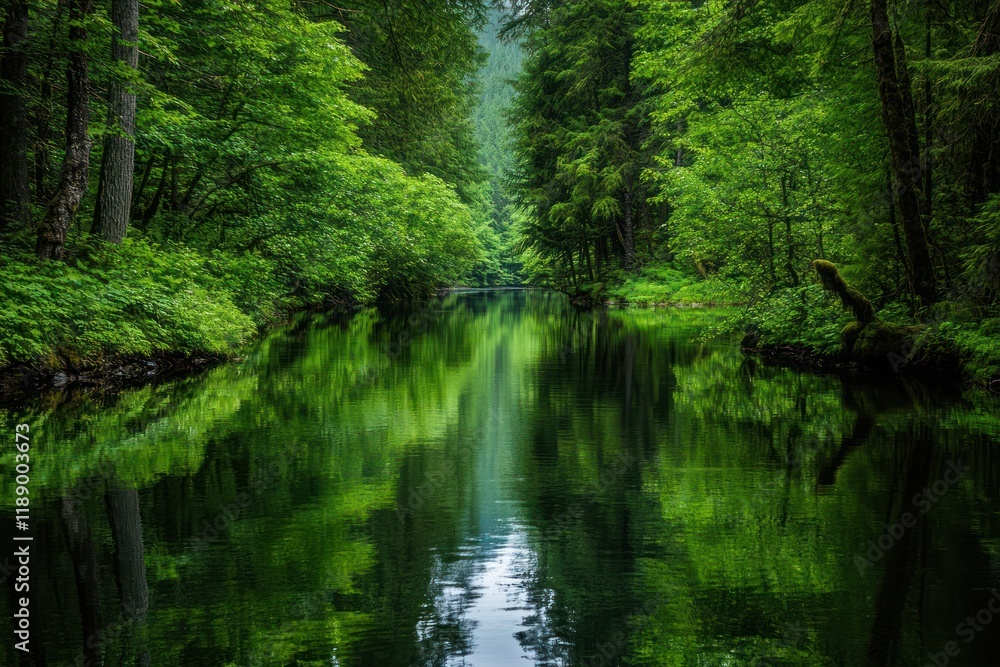 Serene Green Forest River Reflecting Lush Trees Serene Green Forest River Reflecting Lush Trees