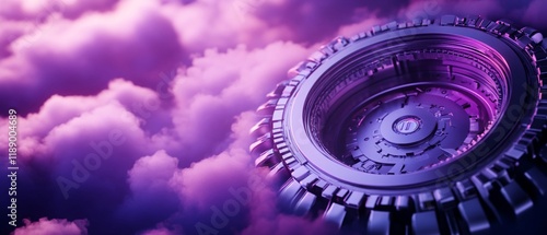 A high tech vault surrounded by vibrant purple clouds, showcasing advanced design