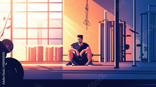 Exhausted and tired man, resting in the gym after exercising, professional fitness athlete, healthy way of life, health and bodybuilding, indoor sport, vector art poster, health poster