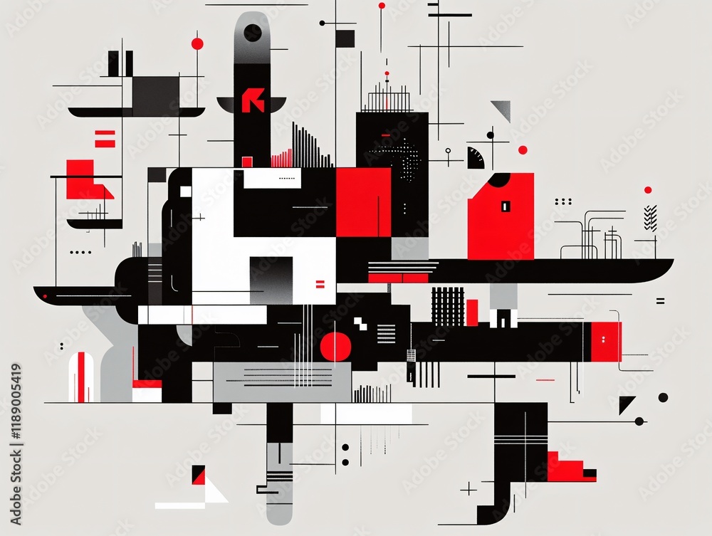 Obraz premium Abstract Geometric Composition Red Black White Modern Art